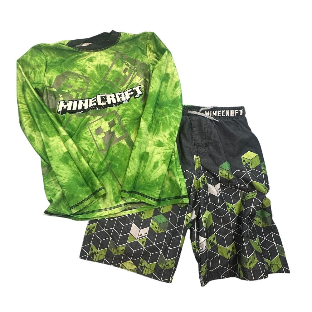 Minecraft Creeper Rash Guard Swim Trunks Set Green Tie Dye Long Sleeve 10/12